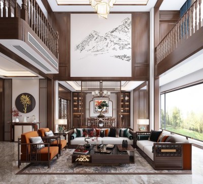 新中式别墅客餐厅3D模型下载